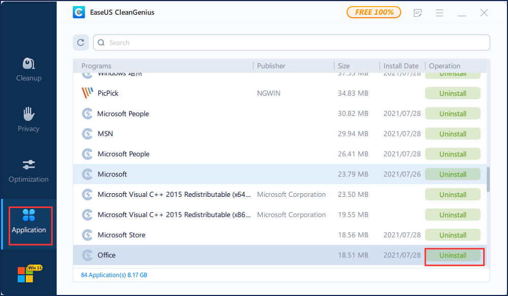 Select software to uninstall