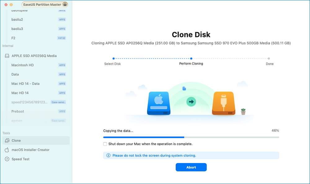 Vergewissern Sie sich, dass sowohl das Quell- als auch das Ziellaufwerk von macOS ausgewählt sind.