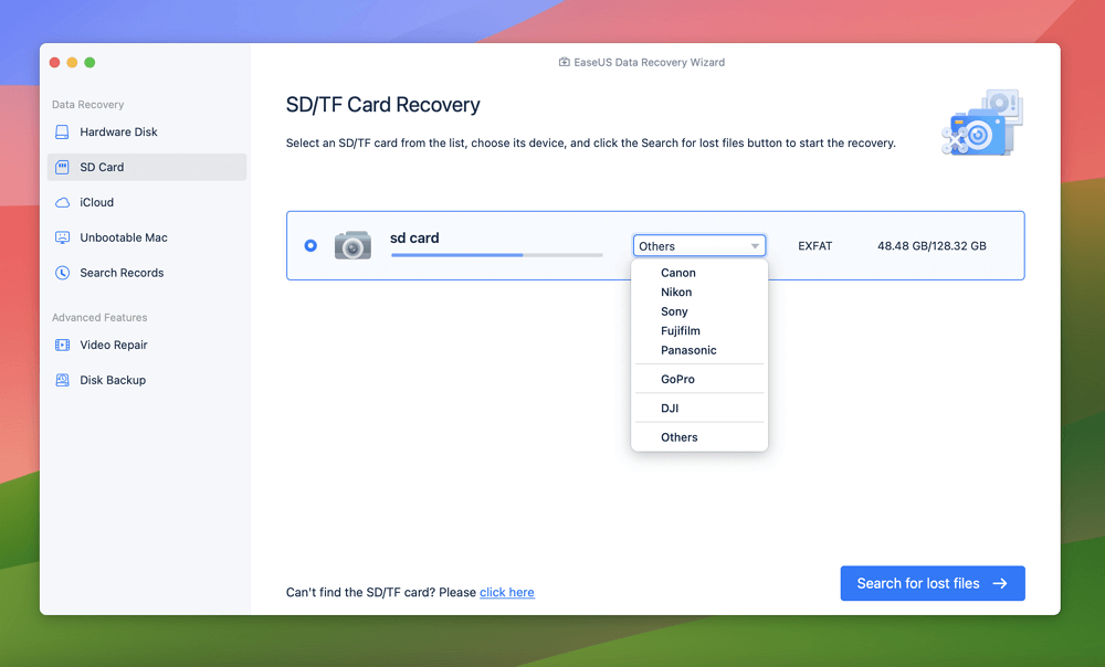 select the formatted SD card on Mac